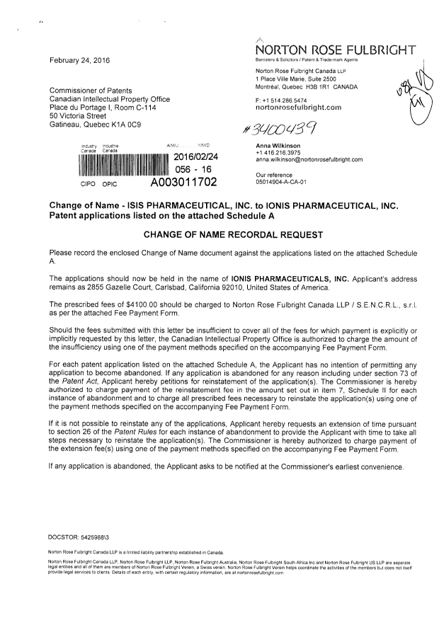Document de brevet canadien 2797792. Cession 20160224. Image 1 de 6