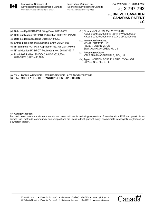 Document de brevet canadien 2797792. Page couverture 20180201. Image 1 de 1