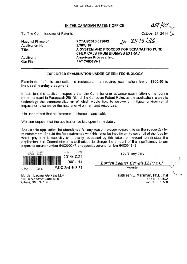 Canadian Patent Document 2798157. Prosecution-Amendment 20131224. Image 1 of 1