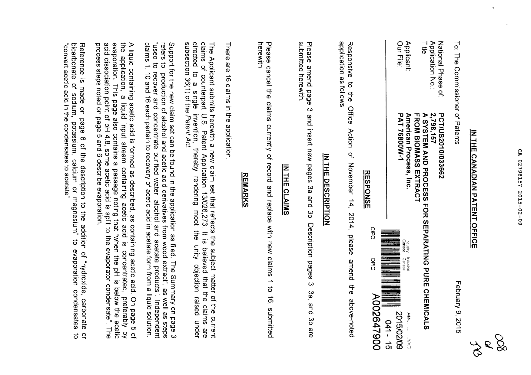 Canadian Patent Document 2798157. Prosecution-Amendment 20141209. Image 1 of 9