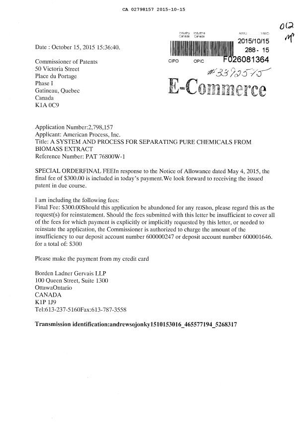 Document de brevet canadien 2798157. Correspondance 20141215. Image 1 de 1