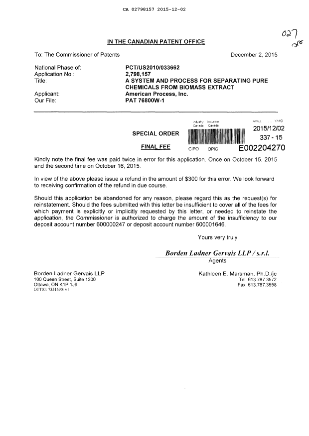 Canadian Patent Document 2798157. Prosecution Correspondence 20151202. Image 1 of 1