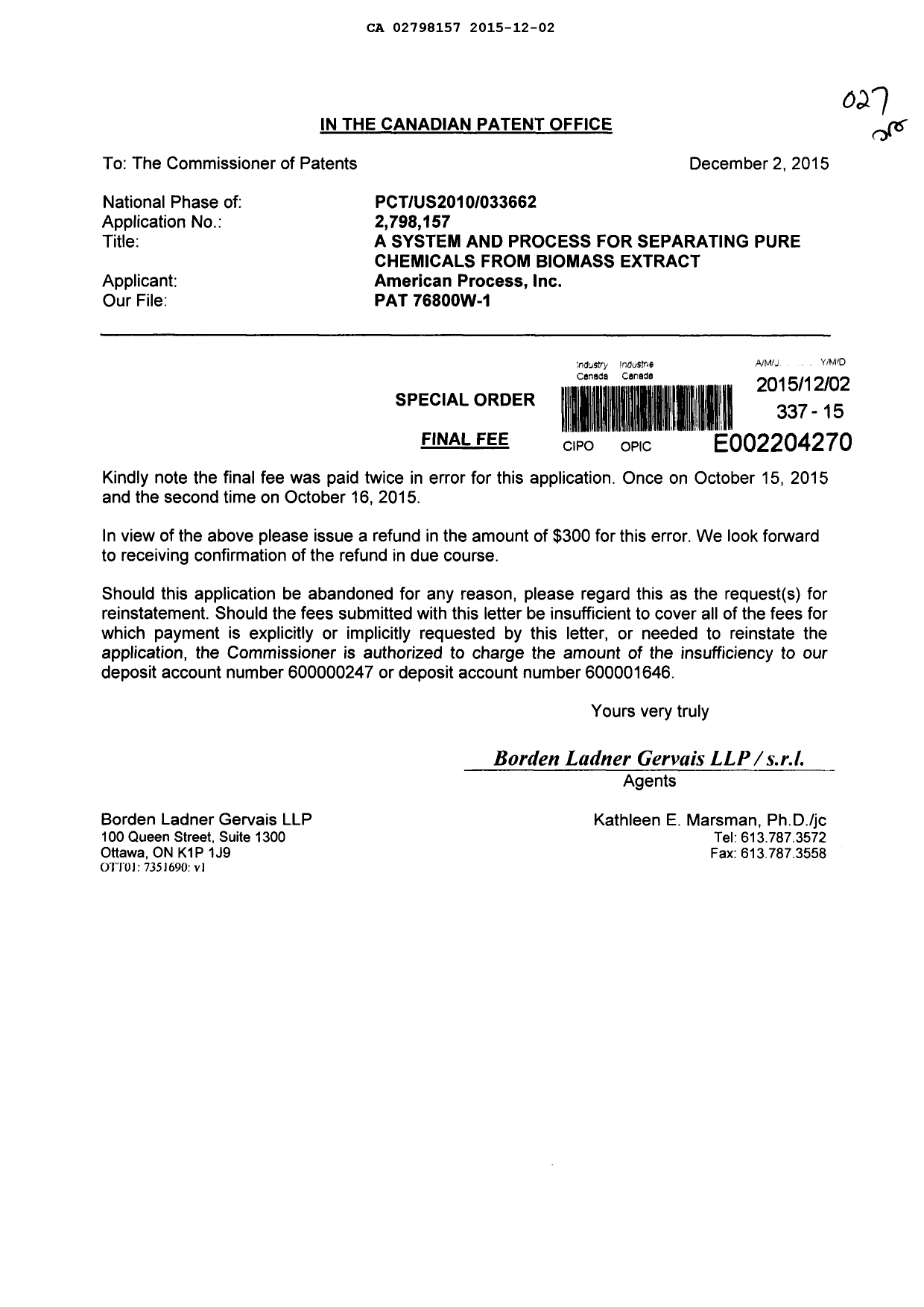 Canadian Patent Document 2798157. Prosecution Correspondence 20151202. Image 1 of 1