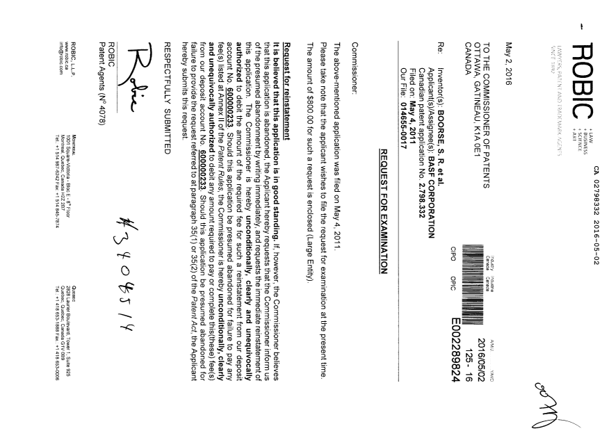Document de brevet canadien 2798332. Poursuite-Amendment 20151202. Image 1 de 2