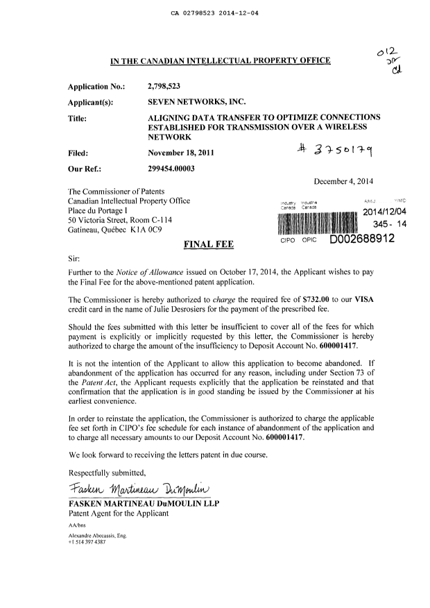 Document de brevet canadien 2798523. Correspondance 20141204. Image 1 de 1