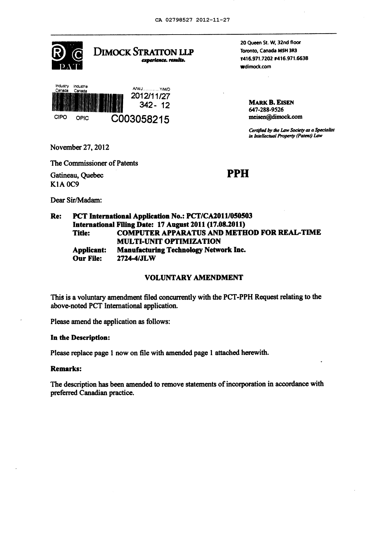 Document de brevet canadien 2798527. Poursuite-Amendment 20121127. Image 1 de 5