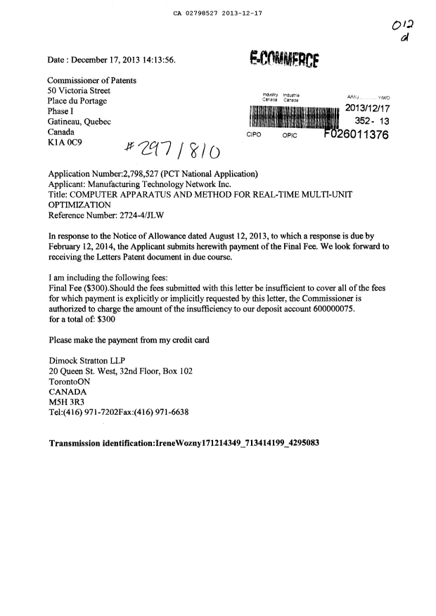 Canadian Patent Document 2798527. Correspondence 20121217. Image 1 of 1