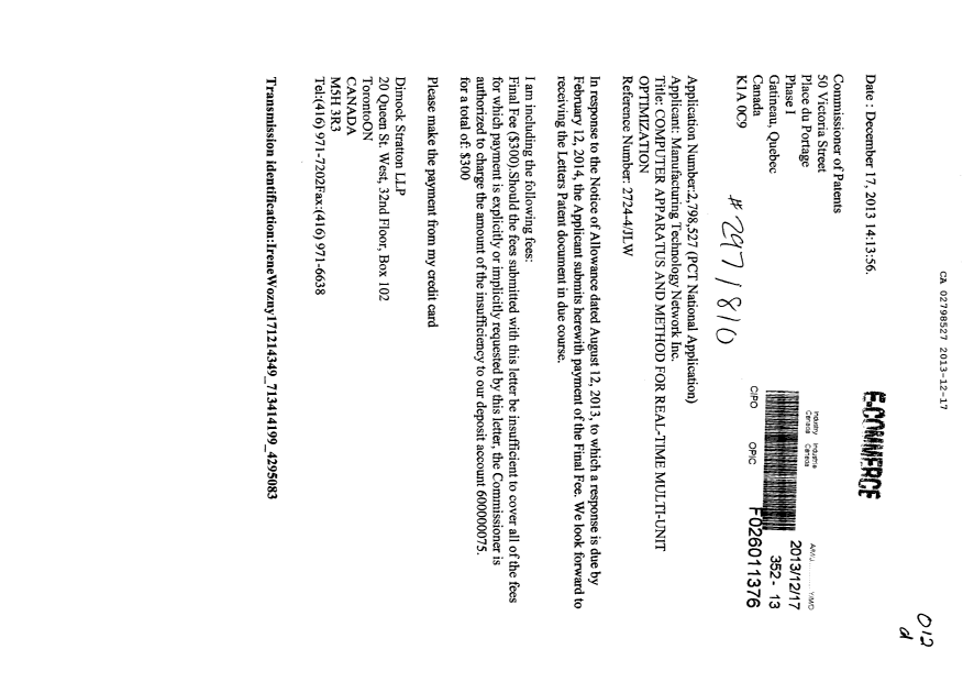 Document de brevet canadien 2798527. Correspondance 20131217. Image 1 de 1