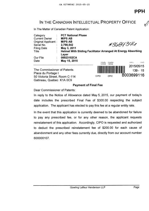Canadian Patent Document 2798542. Correspondence 20141215. Image 1 of 2