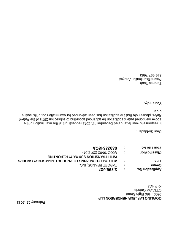 Canadian Patent Document 2798627. Prosecution-Amendment 20121225. Image 1 of 1