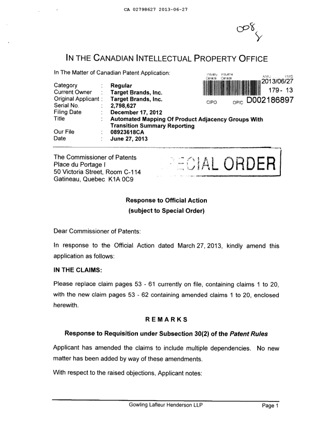 Canadian Patent Document 2798627. Prosecution-Amendment 20130627. Image 1 of 17