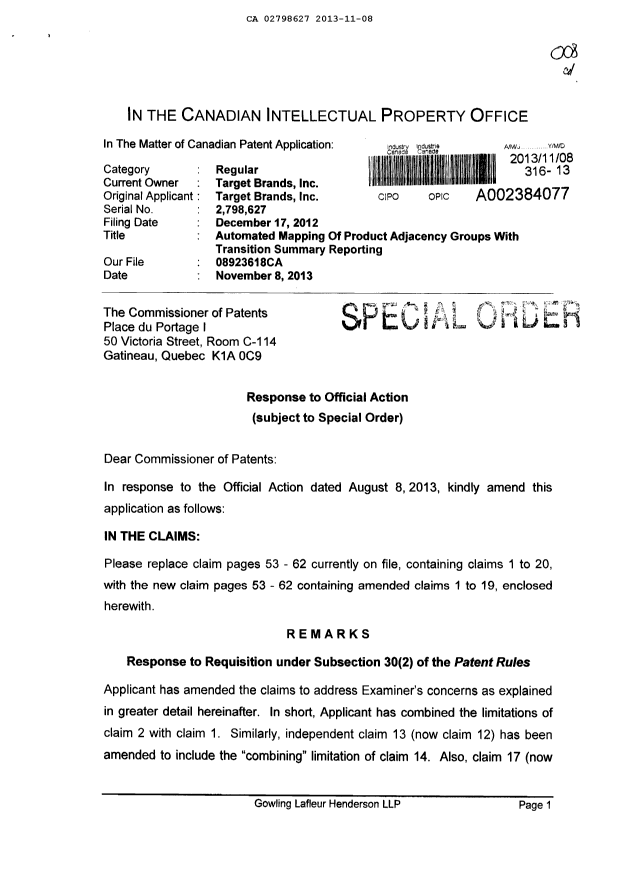 Document de brevet canadien 2798627. Poursuite-Amendment 20131108. Image 1 de 25