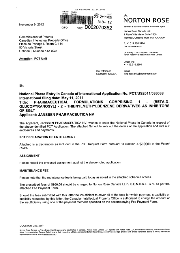 Document de brevet canadien 2799204. Cession 20121109. Image 1 de 16