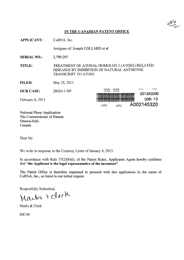Canadian Patent Document 2799207. Correspondence 20121206. Image 1 of 1