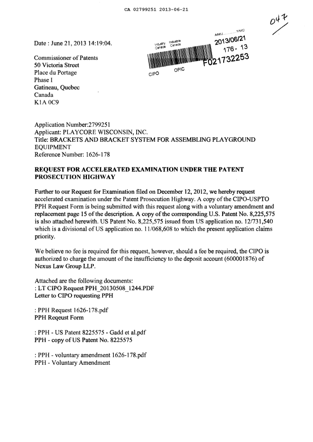 Canadian Patent Document 2799251. Prosecution-Amendment 20130621. Image 1 of 8