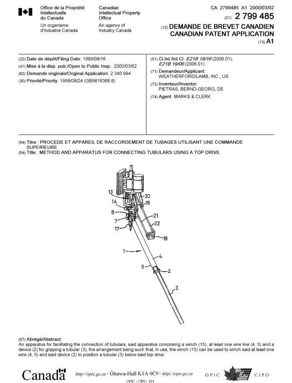 Document de brevet canadien 2799485. Page couverture 20130227. Image 1 de 1