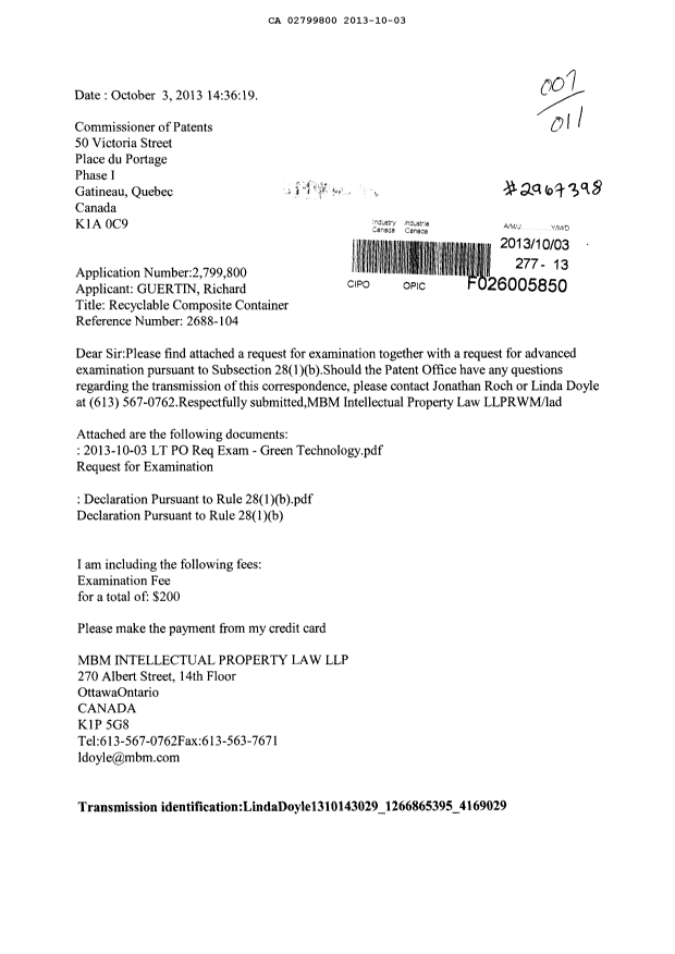 Document de brevet canadien 2799800. Poursuite-Amendment 20121203. Image 1 de 4