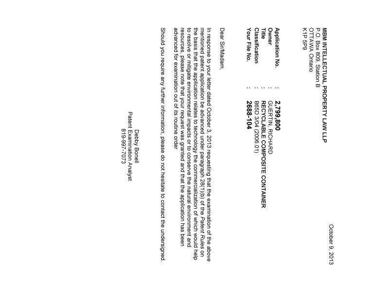 Document de brevet canadien 2799800. Poursuite-Amendment 20121209. Image 1 de 1