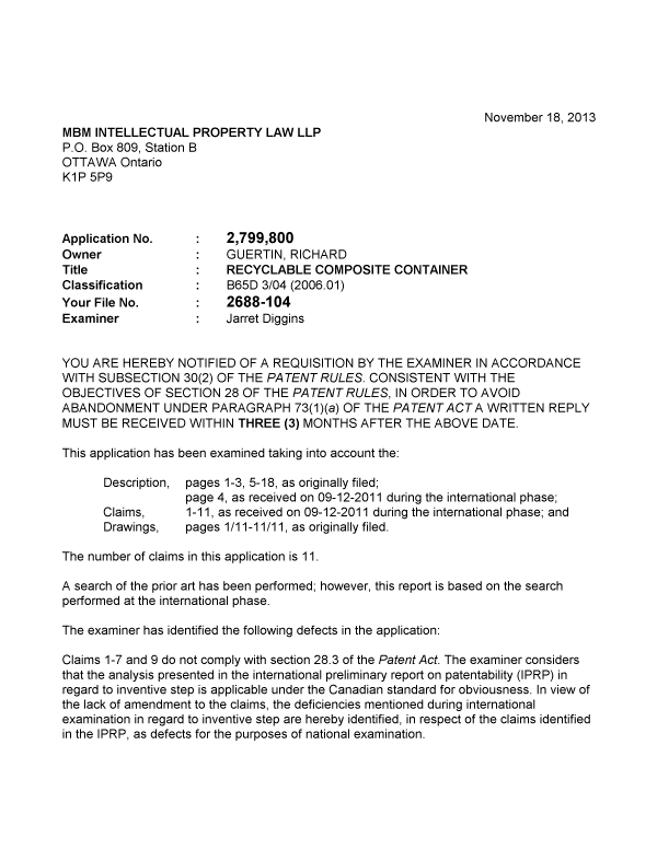 Canadian Patent Document 2799800. Prosecution-Amendment 20121218. Image 1 of 2