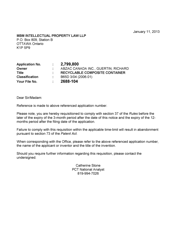 Document de brevet canadien 2799800. Correspondance 20130111. Image 1 de 1