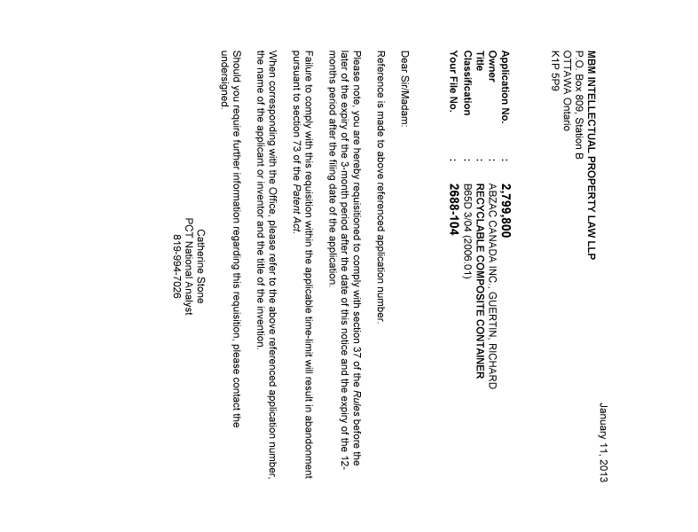 Canadian Patent Document 2799800. Correspondence 20130111. Image 1 of 1