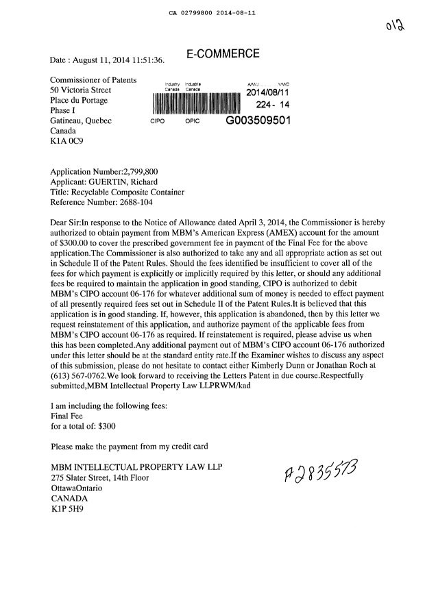 Document de brevet canadien 2799800. Correspondance 20131211. Image 1 de 2