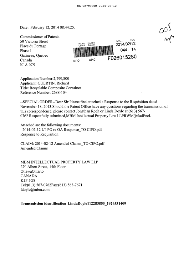 Document de brevet canadien 2799800. Poursuite-Amendment 20131212. Image 1 de 7