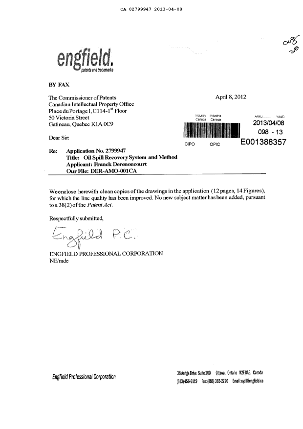 Canadian Patent Document 2799947. Prosecution-Amendment 20121208. Image 1 of 13