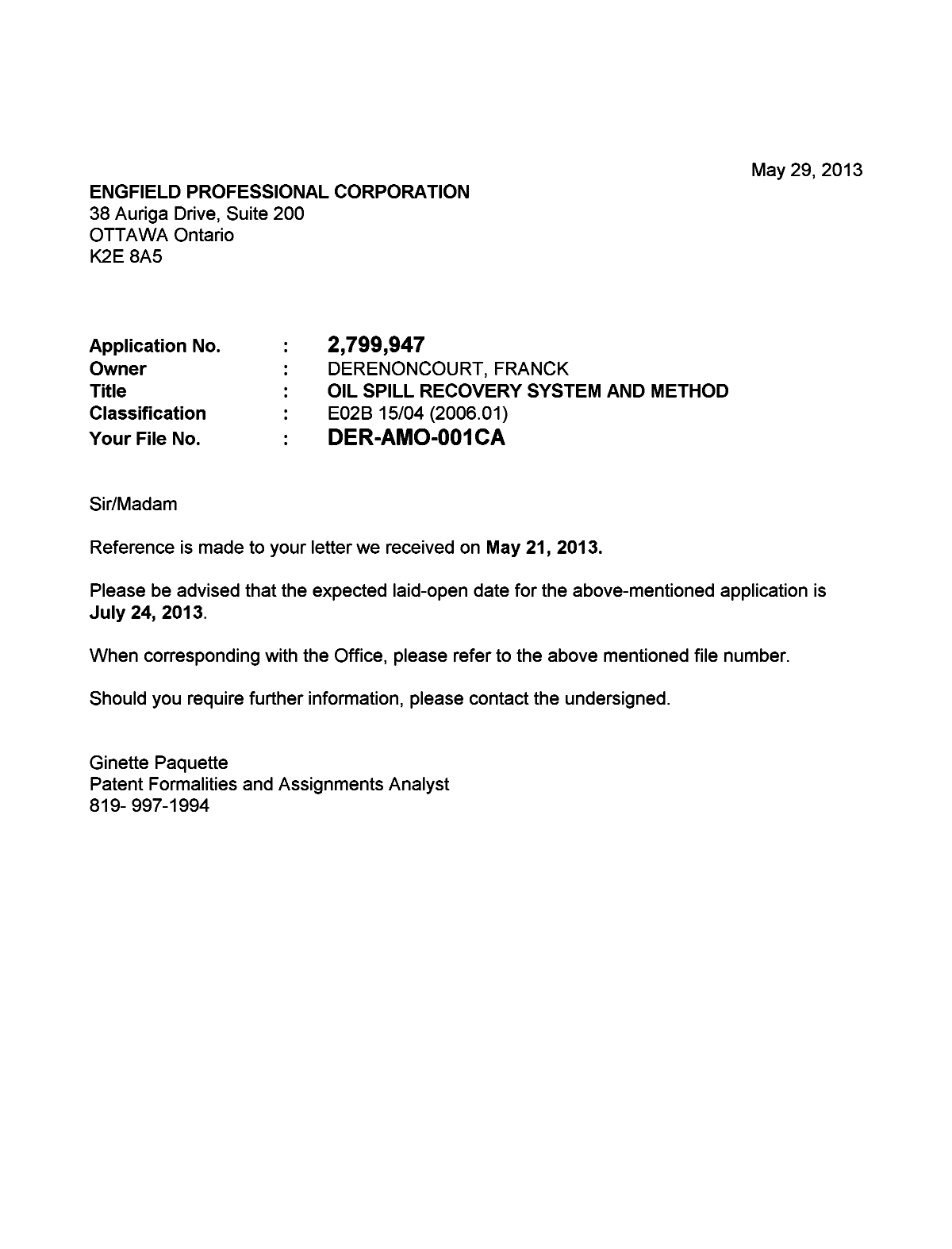 Document de brevet canadien 2799947. Correspondance 20121229. Image 1 de 1