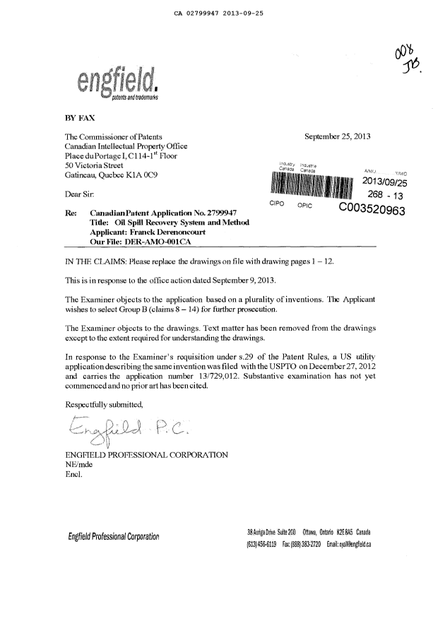 Document de brevet canadien 2799947. Poursuite-Amendment 20130925. Image 1 de 13
