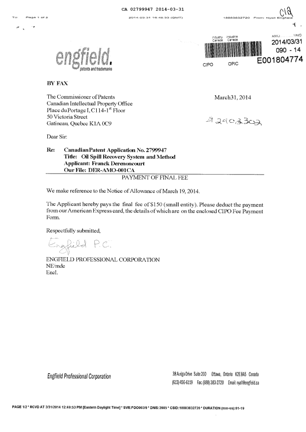 Canadian Patent Document 2799947. Correspondence 20131231. Image 1 of 1