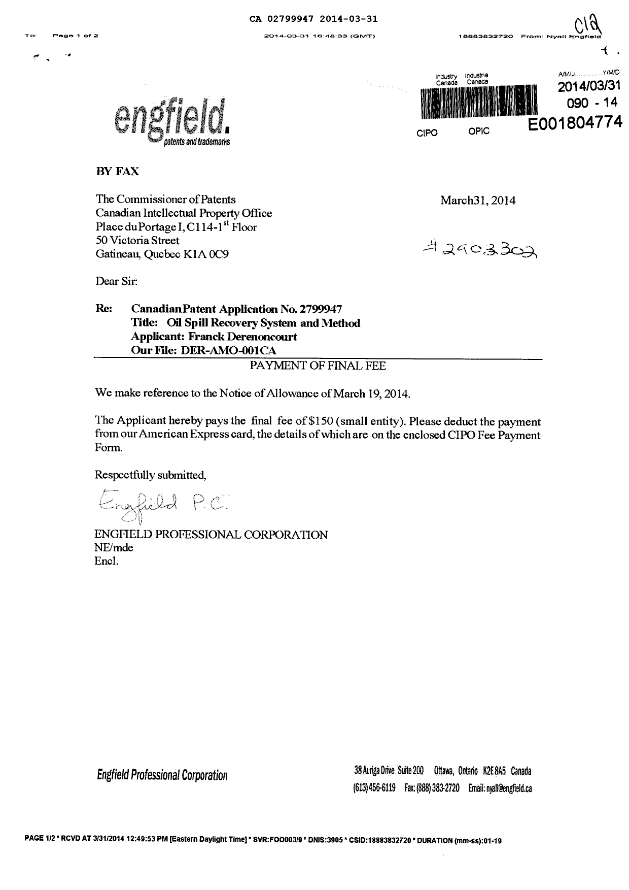 Canadian Patent Document 2799947. Correspondence 20140331. Image 1 of 1