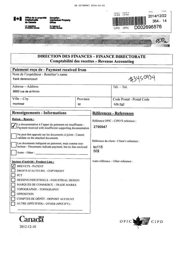 Document de brevet canadien 2799947. Taxes 20141222. Image 1 de 1