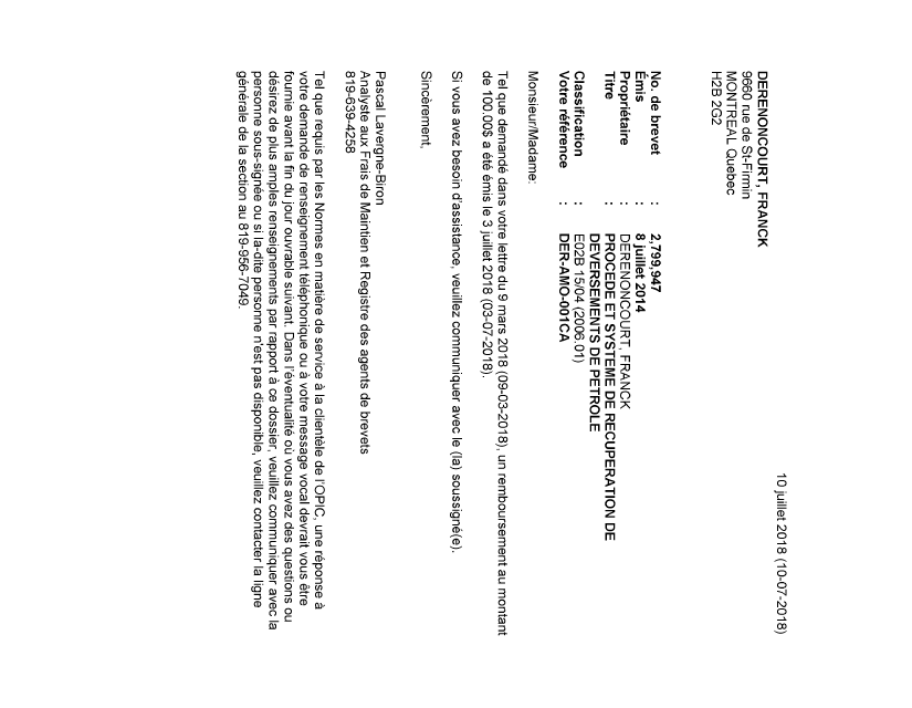 Document de brevet canadien 2799947. Remboursement 20180710. Image 1 de 1