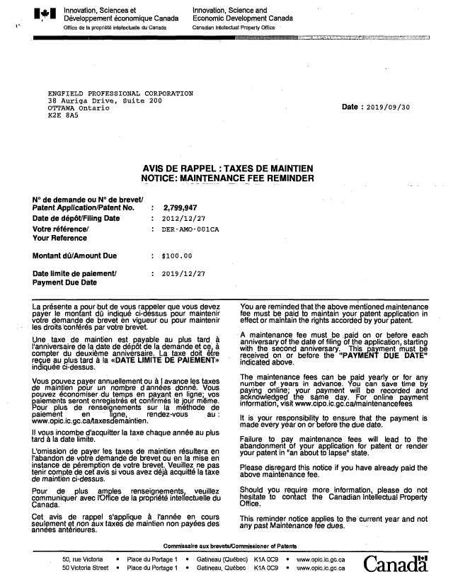 Document de brevet canadien 2799947. Courrier retourné 20191015. Image 1 de 2