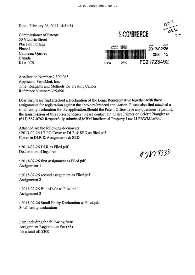 Canadian Patent Document 2800065. Correspondence 20121226. Image 1 of 7