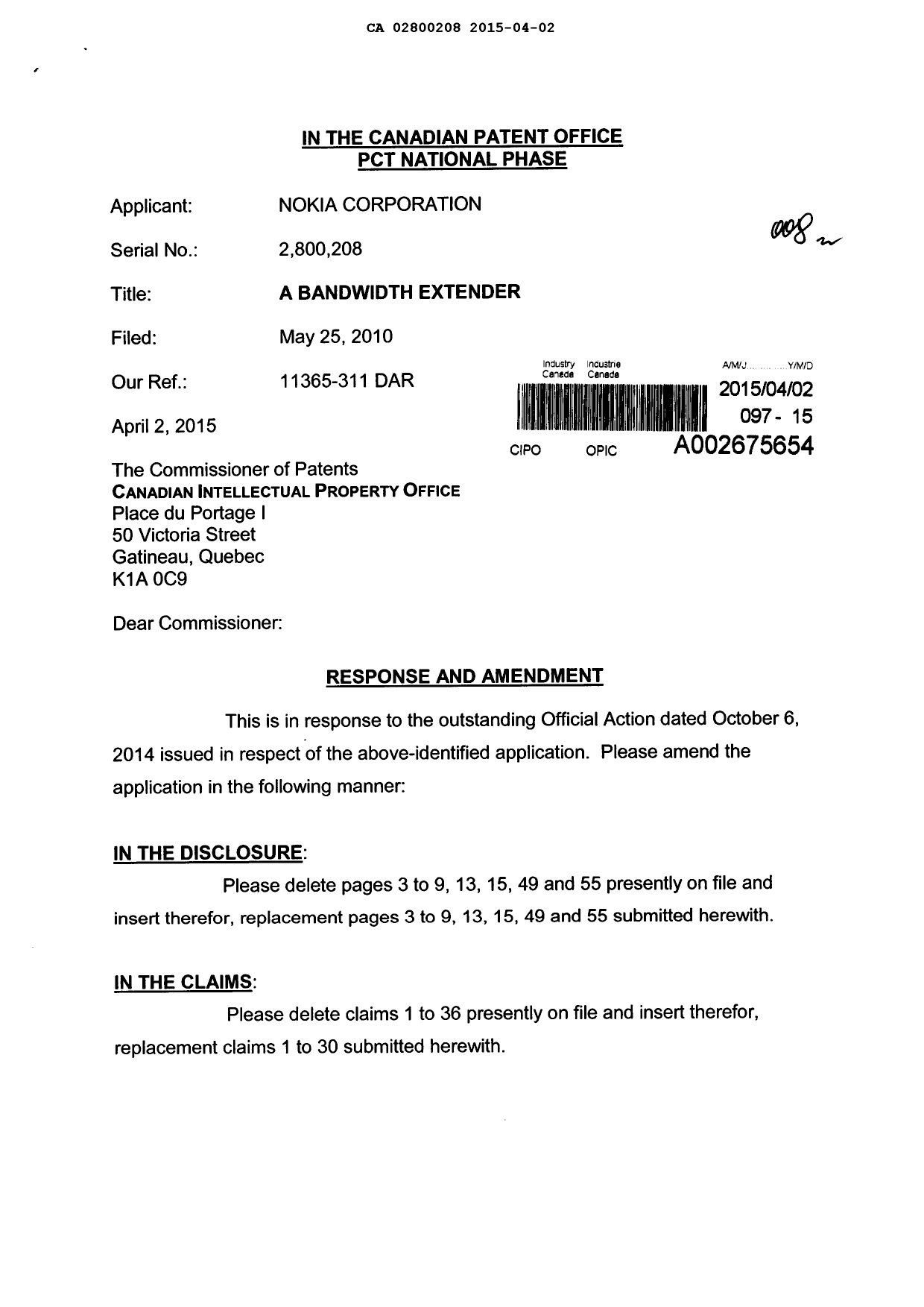 Canadian Patent Document 2800208. Prosecution-Amendment 20150402. Image 1 of 23