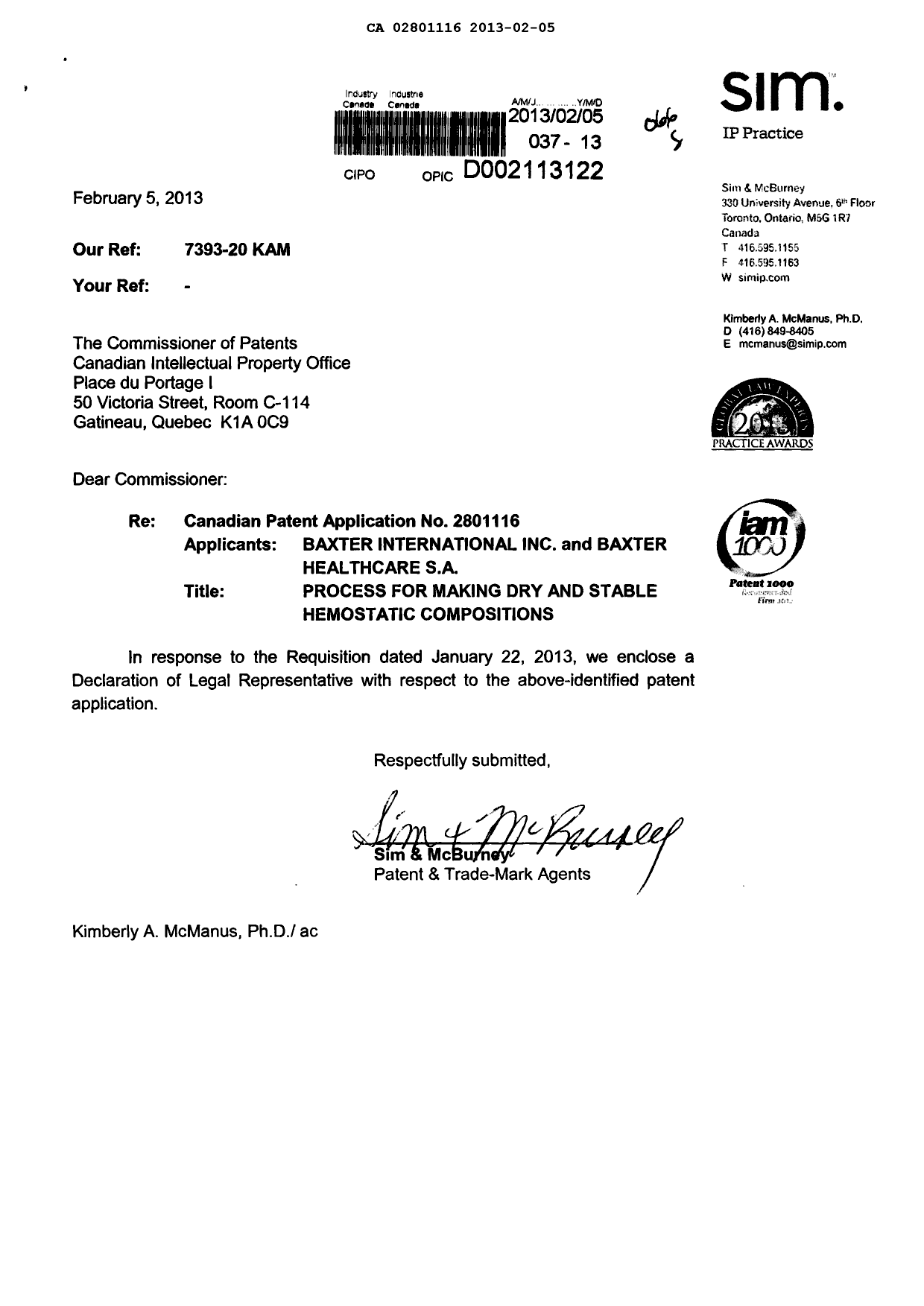 Canadian Patent Document 2801116. Correspondence 20121205. Image 1 of 2