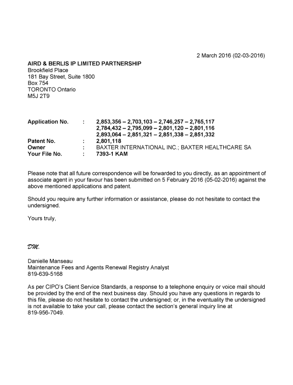 Document de brevet canadien 2801116. Correspondance 20151202. Image 1 de 1