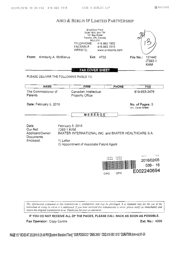Canadian Patent Document 2801116. Correspondence 20151205. Image 1 of 5