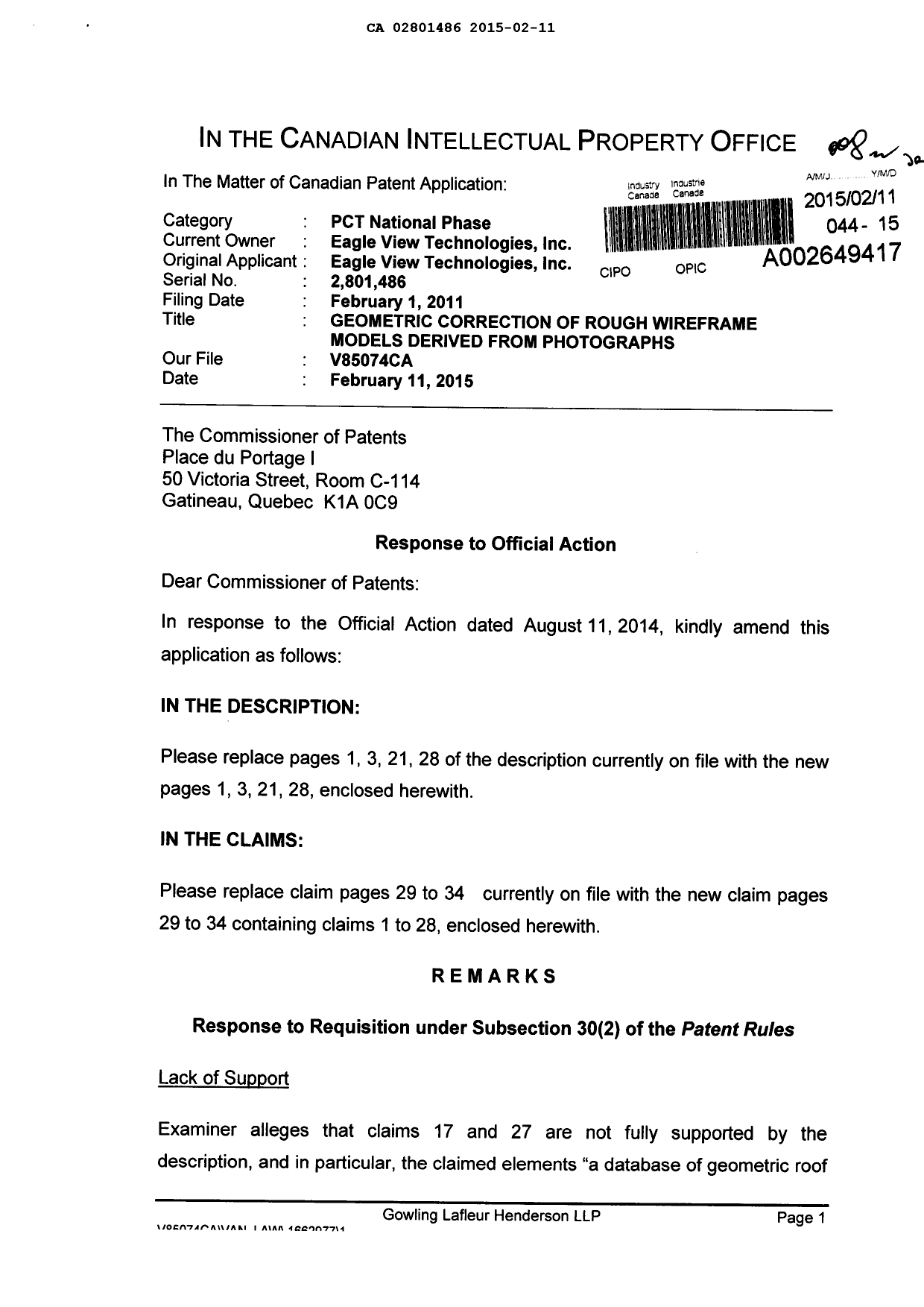 Canadian Patent Document 2801486. Prosecution-Amendment 20150211. Image 1 of 22