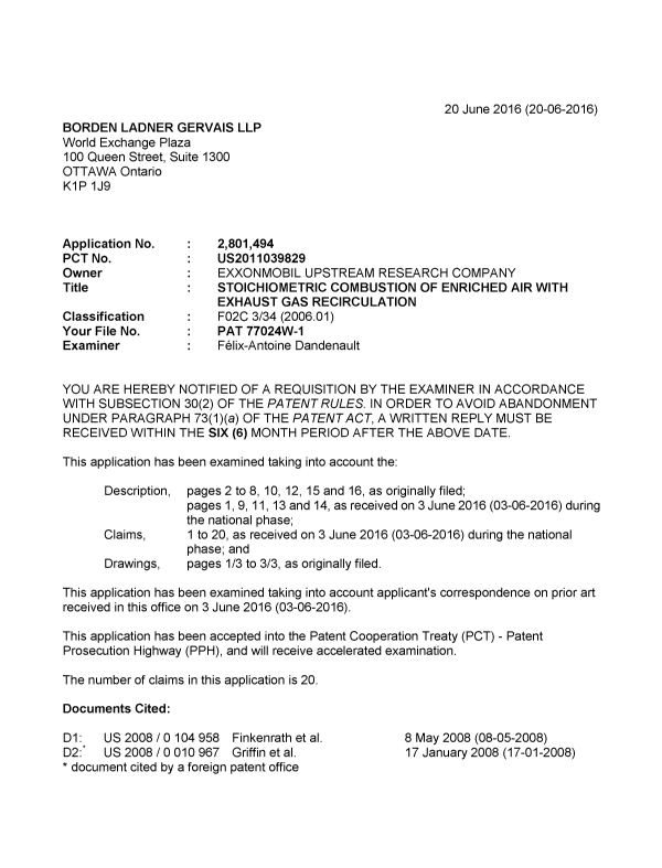 Canadian Patent Document 2801494. Examiner Requisition 20160620. Image 1 of 5