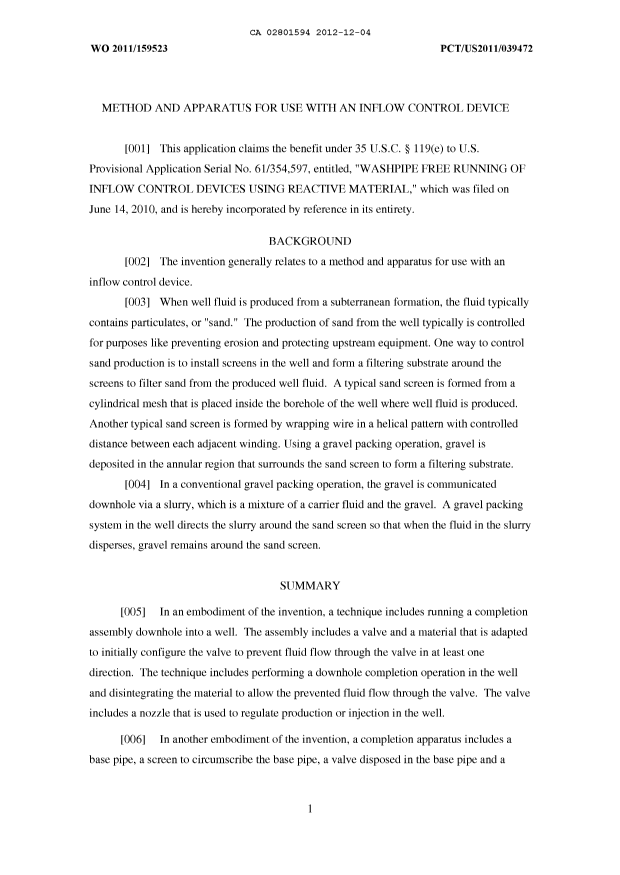 Document de brevet canadien 2801594. Description 20121204. Image 1 de 10