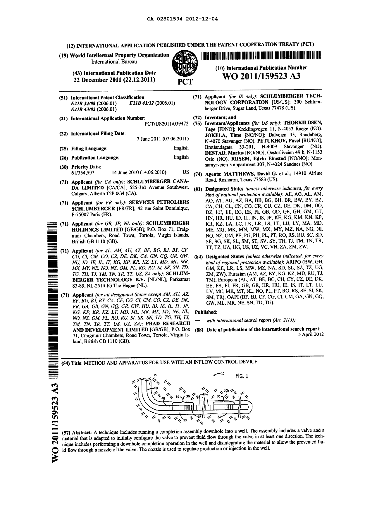 Canadian Patent Document 2801594. PCT 20121204. Image 1 of 8