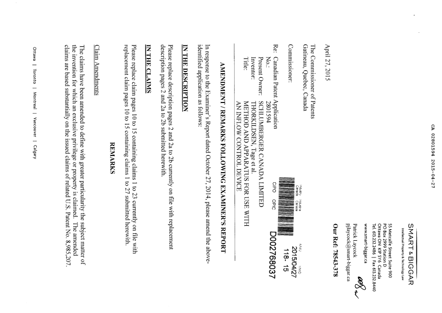 Canadian Patent Document 2801594. Prosecution-Amendment 20150427. Image 1 of 13