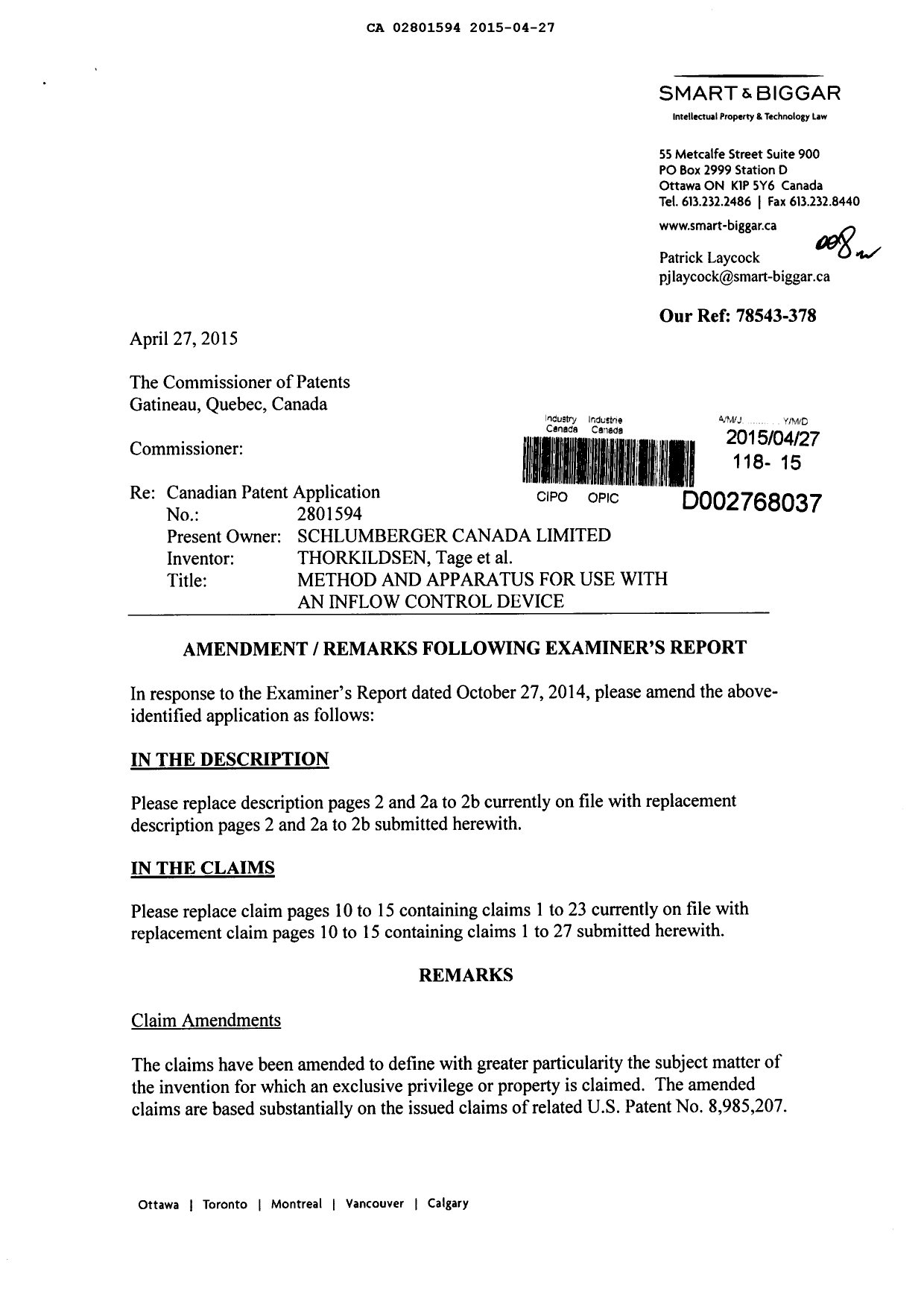 Canadian Patent Document 2801594. Prosecution-Amendment 20150427. Image 1 of 13