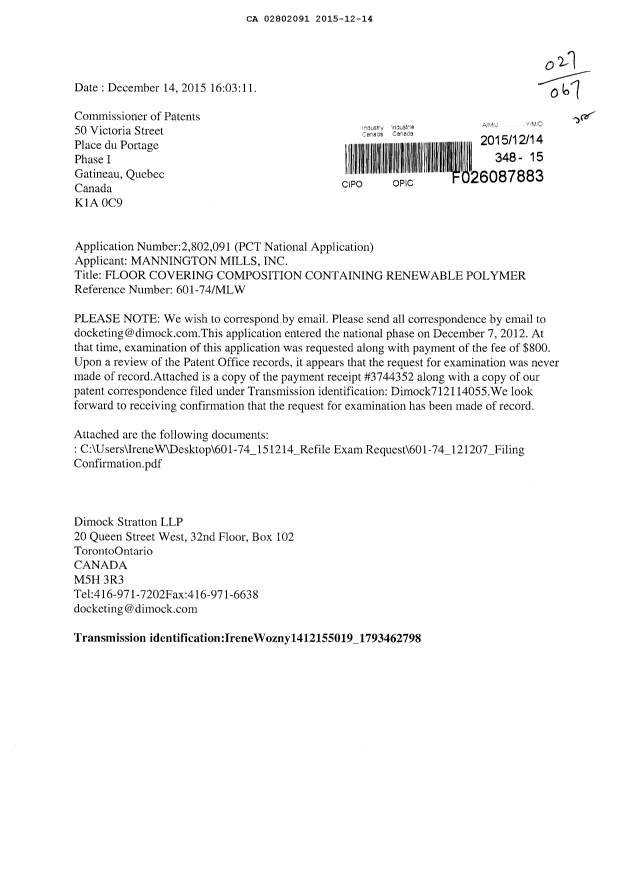 Document de brevet canadien 2802091. Correspondance 20151214. Image 1 de 3