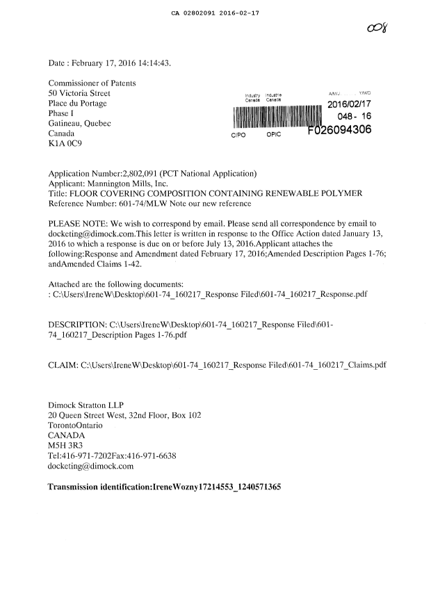 Canadian Patent Document 2802091. Amendment 20160217. Image 1 of 86