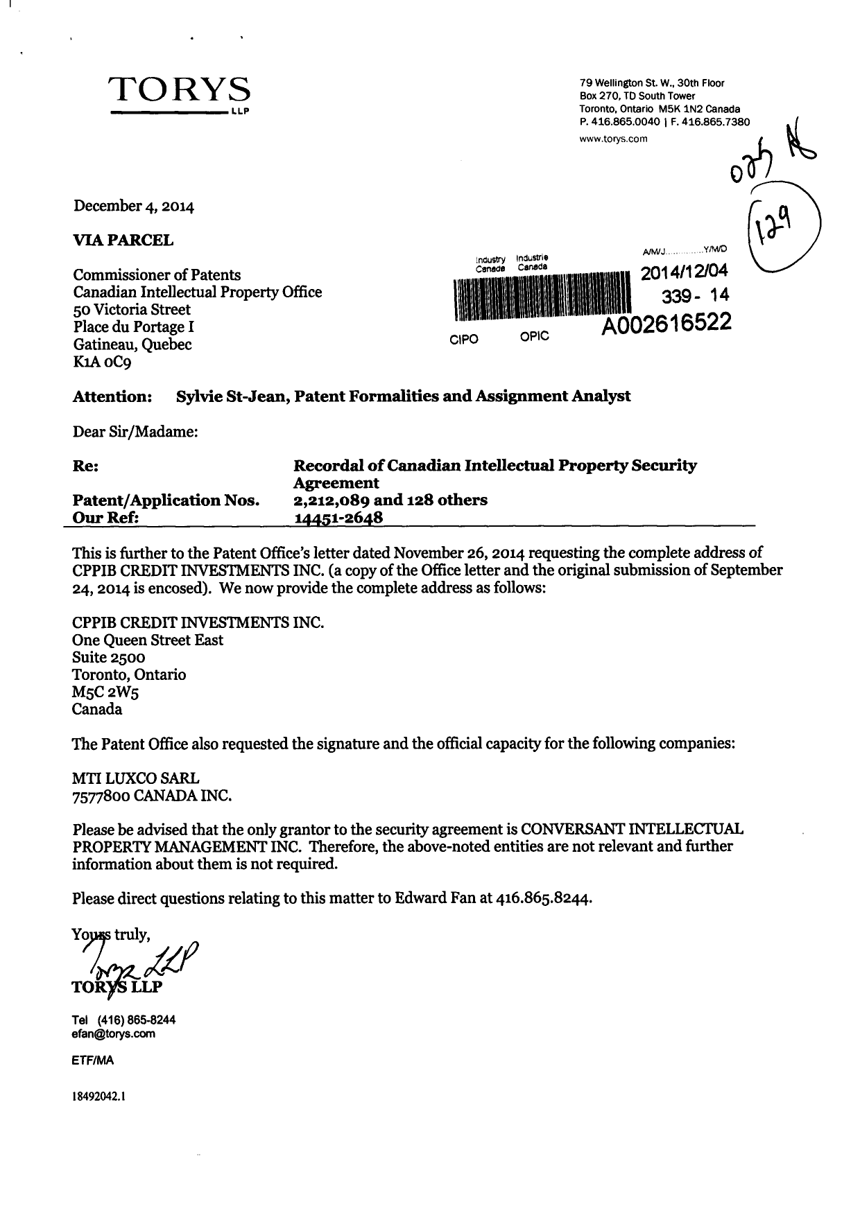 Canadian Patent Document 2802219. Assignment 20141204. Image 1 of 25