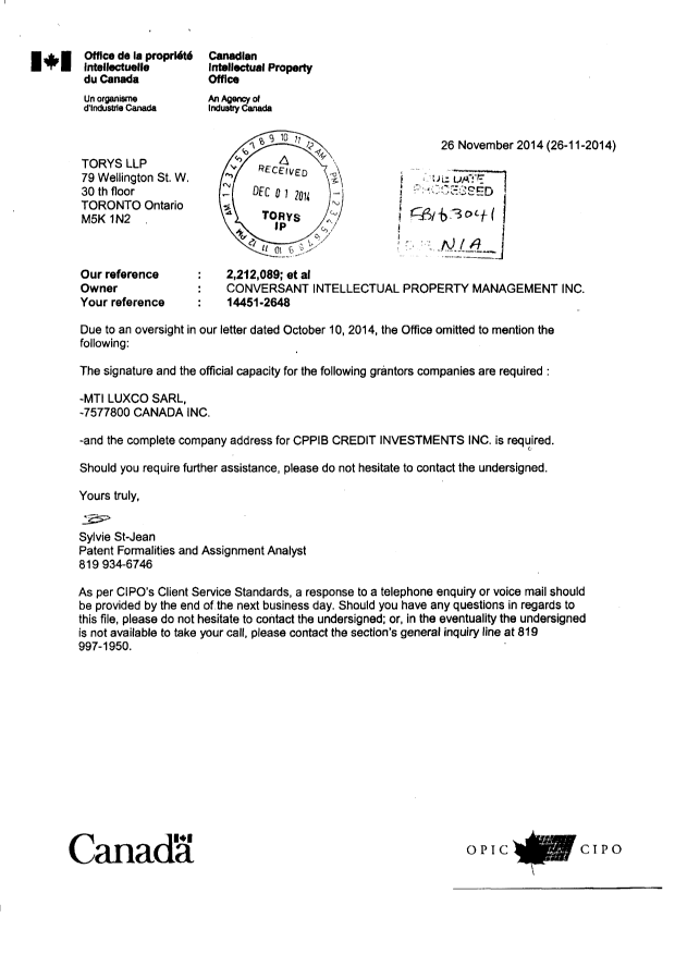 Canadian Patent Document 2802219. Assignment 20141204. Image 2 of 25